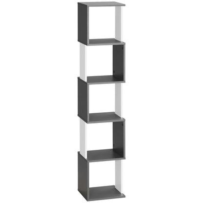 Modern 5-Shelf Wooden Bookcase, Wall-Mounted Space-Saving Bookshelf for Home and Office, 33x28x161cm, Dark Grey and Cream White
