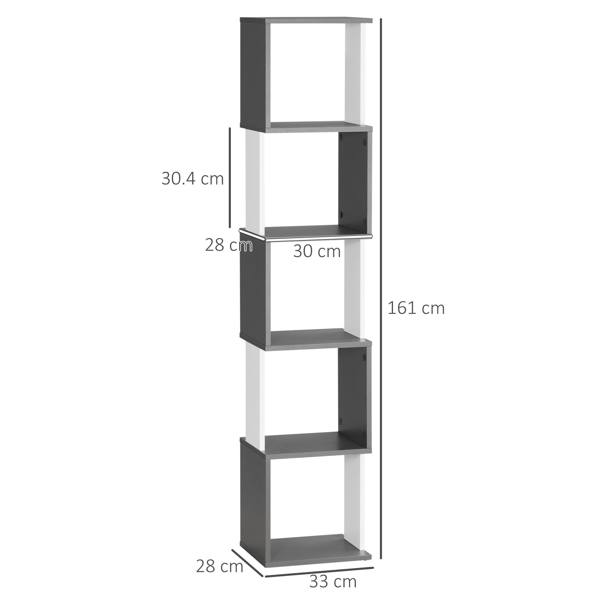 Modern 5-Shelf Wooden Bookcase, Wall-Mounted Space-Saving Bookshelf for Home and Office, 33x28x161cm, Dark Grey and Cream White