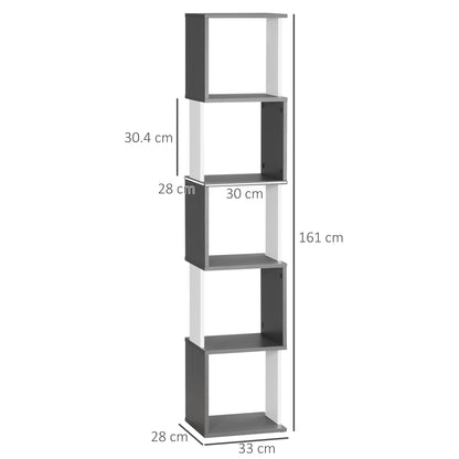 Modern 5-Shelf Wooden Bookcase, Wall-Mounted Space-Saving Bookshelf for Home and Office, 33x28x161cm, Dark Grey and Cream White