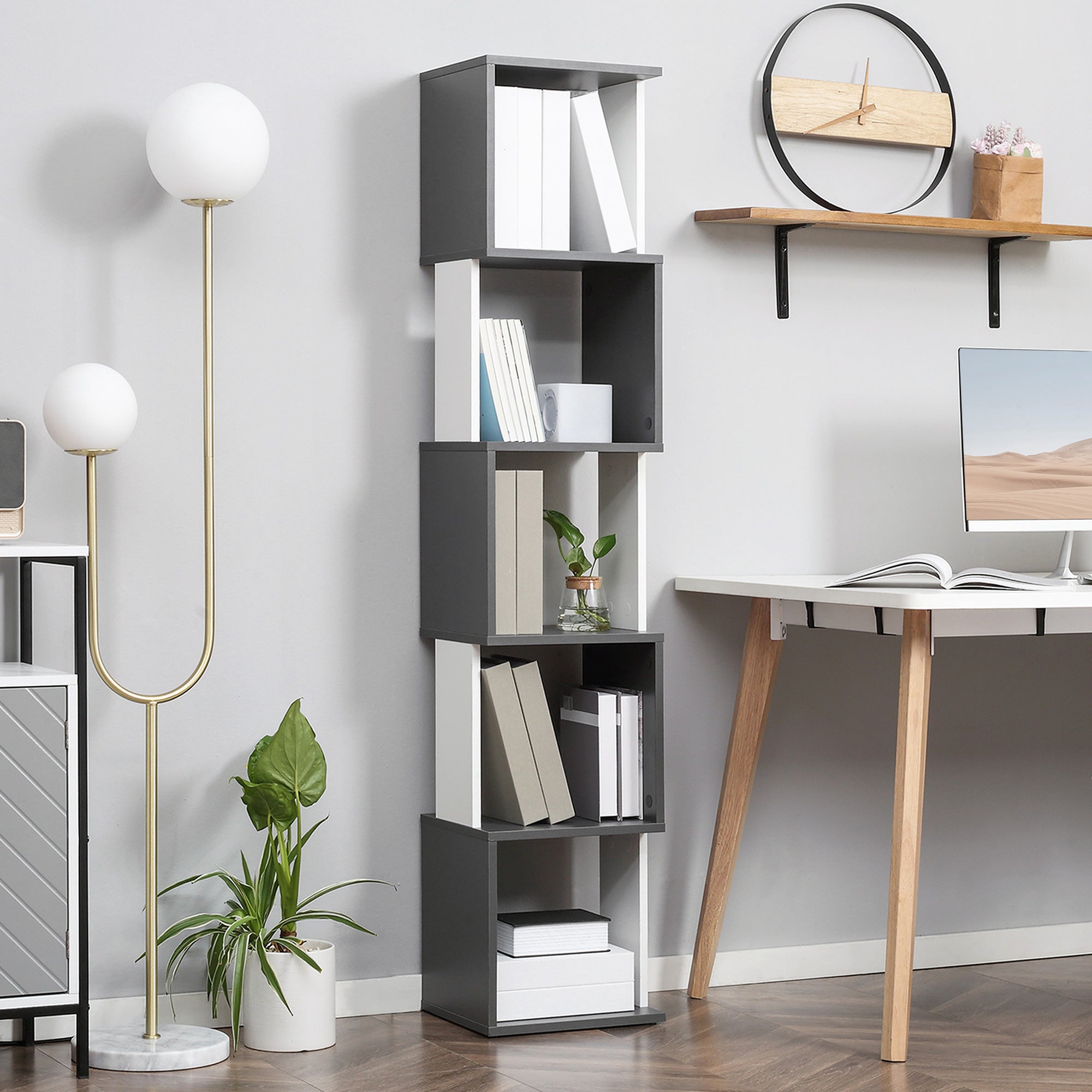 Modern 5-Shelf Wooden Bookcase, Wall-Mounted Space-Saving Bookshelf for Home and Office, 33x28x161cm, Dark Grey and Cream White
