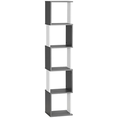 Modern 5-Shelf Wooden Bookcase, Wall-Mounted Space-Saving Bookshelf for Home and Office, 33x28x161cm, Dark Grey and Cream White