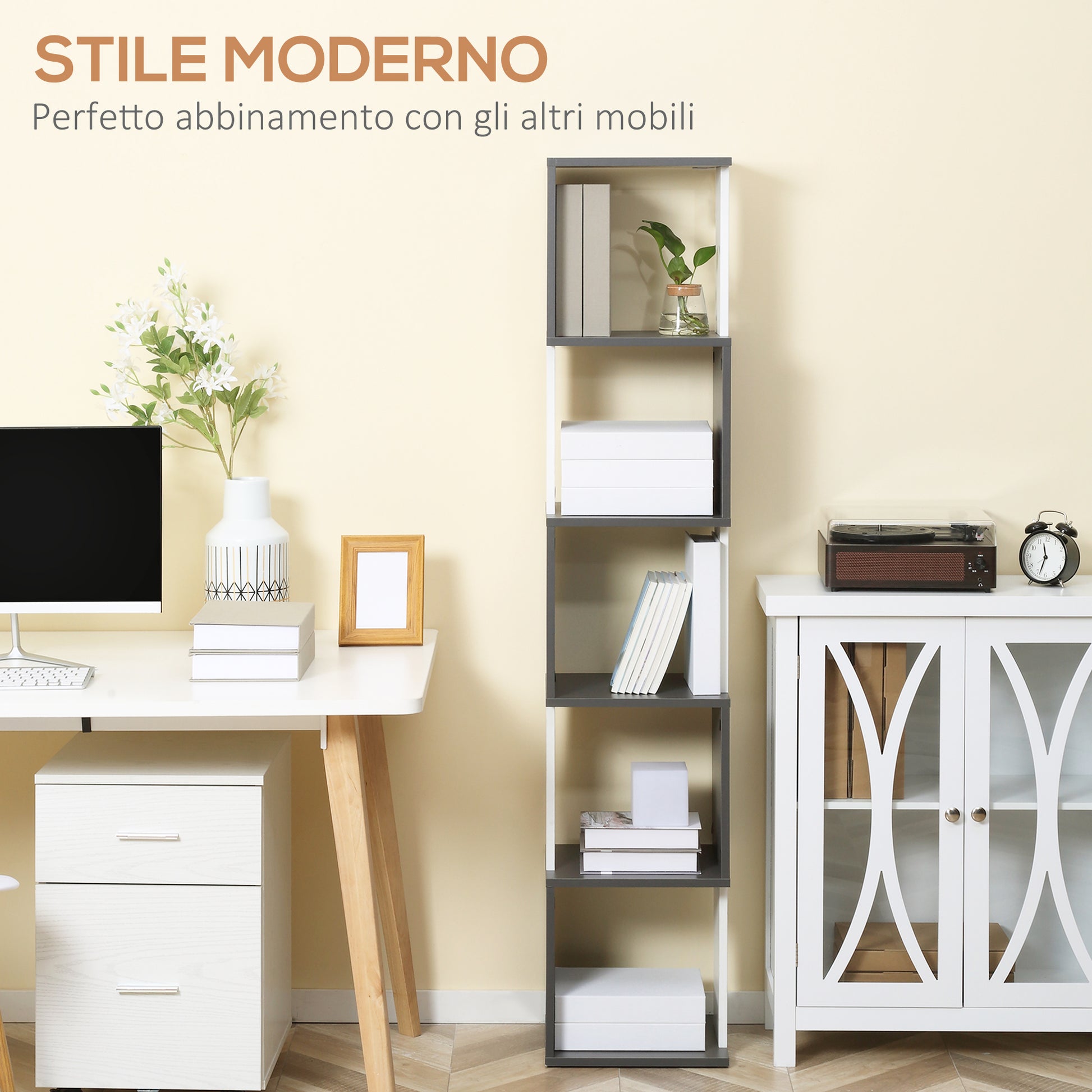 Modern 5-Shelf Wooden Bookcase, Wall-Mounted Space-Saving Bookshelf for Home and Office, 33x28x161cm, Dark Grey and Cream White