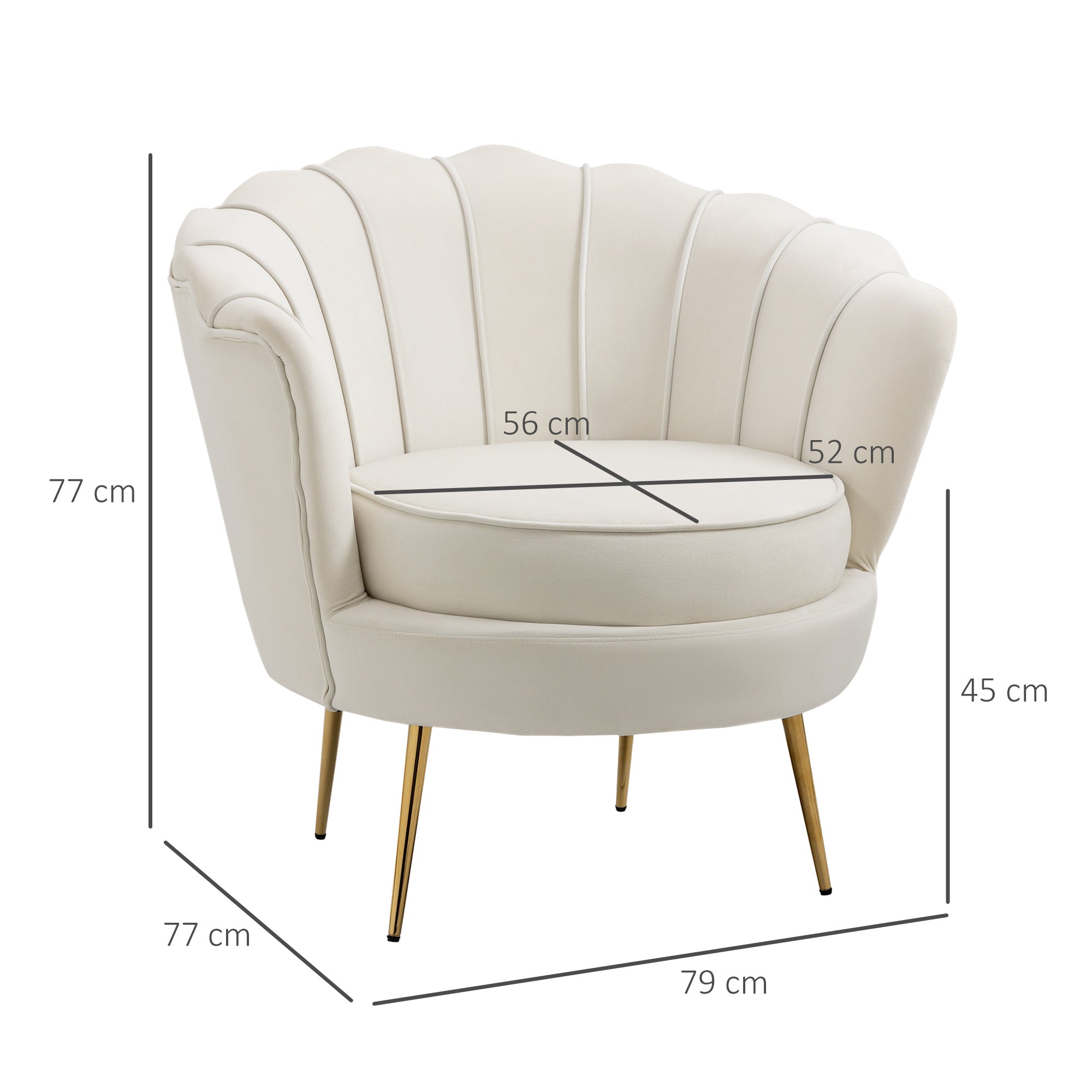 Vintage Velvet Design Armchair, Retro Chair for Bedroom, Living Room, or Office, Cream 79x77x77cm