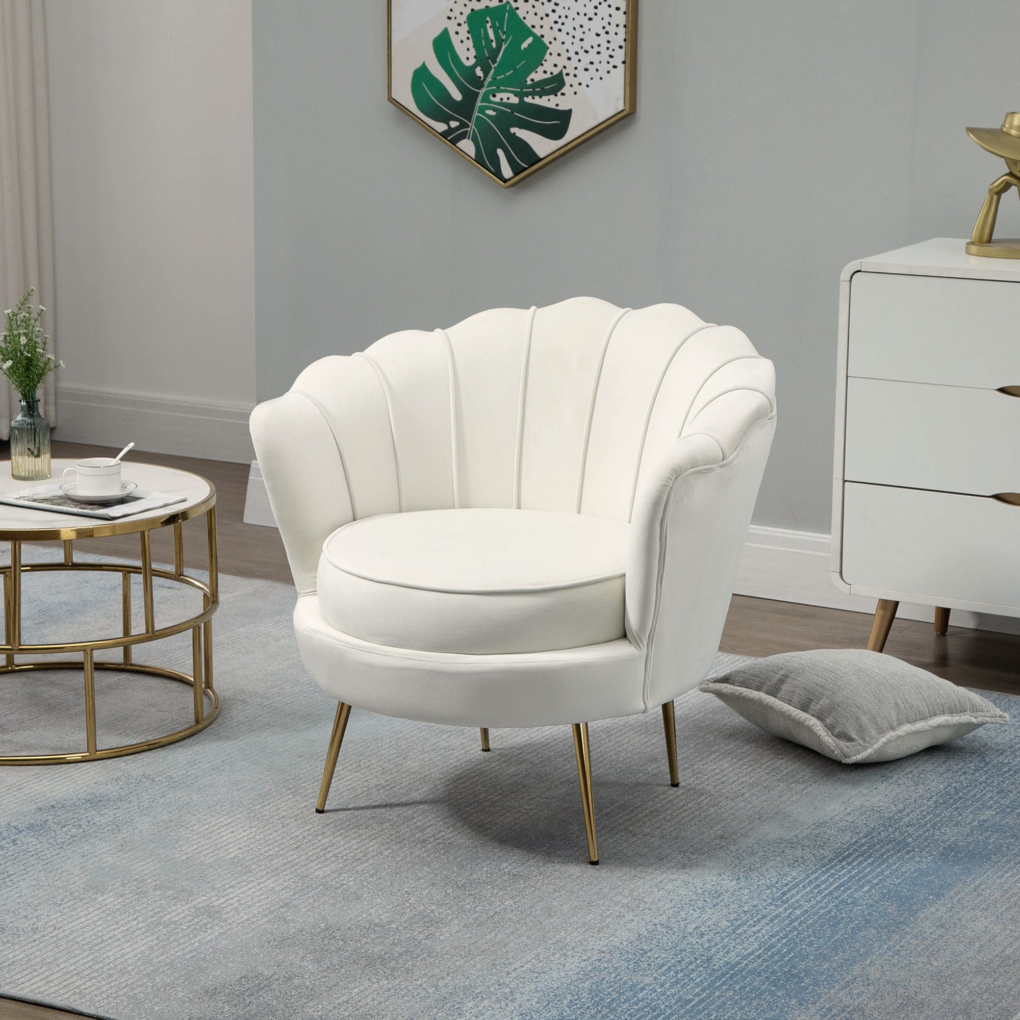 Vintage Velvet Design Armchair, Retro Chair for Bedroom, Living Room, or Office, Cream 79x77x77cm