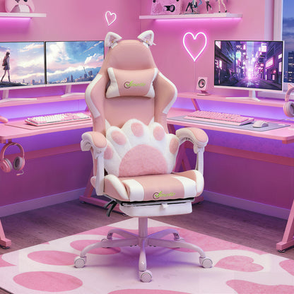Pink Cat-Ears Ergonomic Gaming Chair — PU Leather Recliner with Footrest, Removable Headrest & Lumbar Support