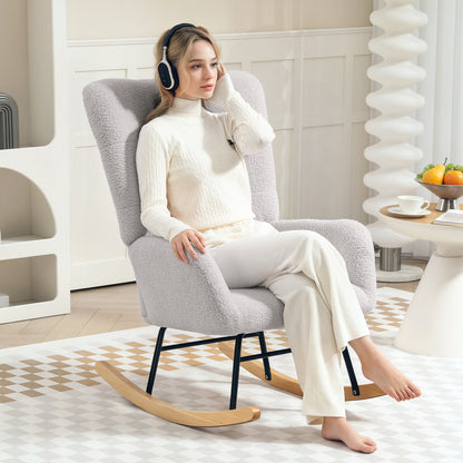 Rocking Chair, Rocking Armchair with Armrest, Teddy Velvet Look, Relax Armchair with Wooden Runners, Rocking Chair Nursing Chair for Bedroom, Living Room, Light Gray