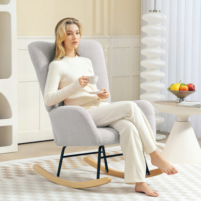 Rocking Chair, Rocking Armchair with Armrest, Teddy Velvet Look, Relax Armchair with Wooden Runners, Rocking Chair Nursing Chair for Bedroom, Living Room, Light Gray