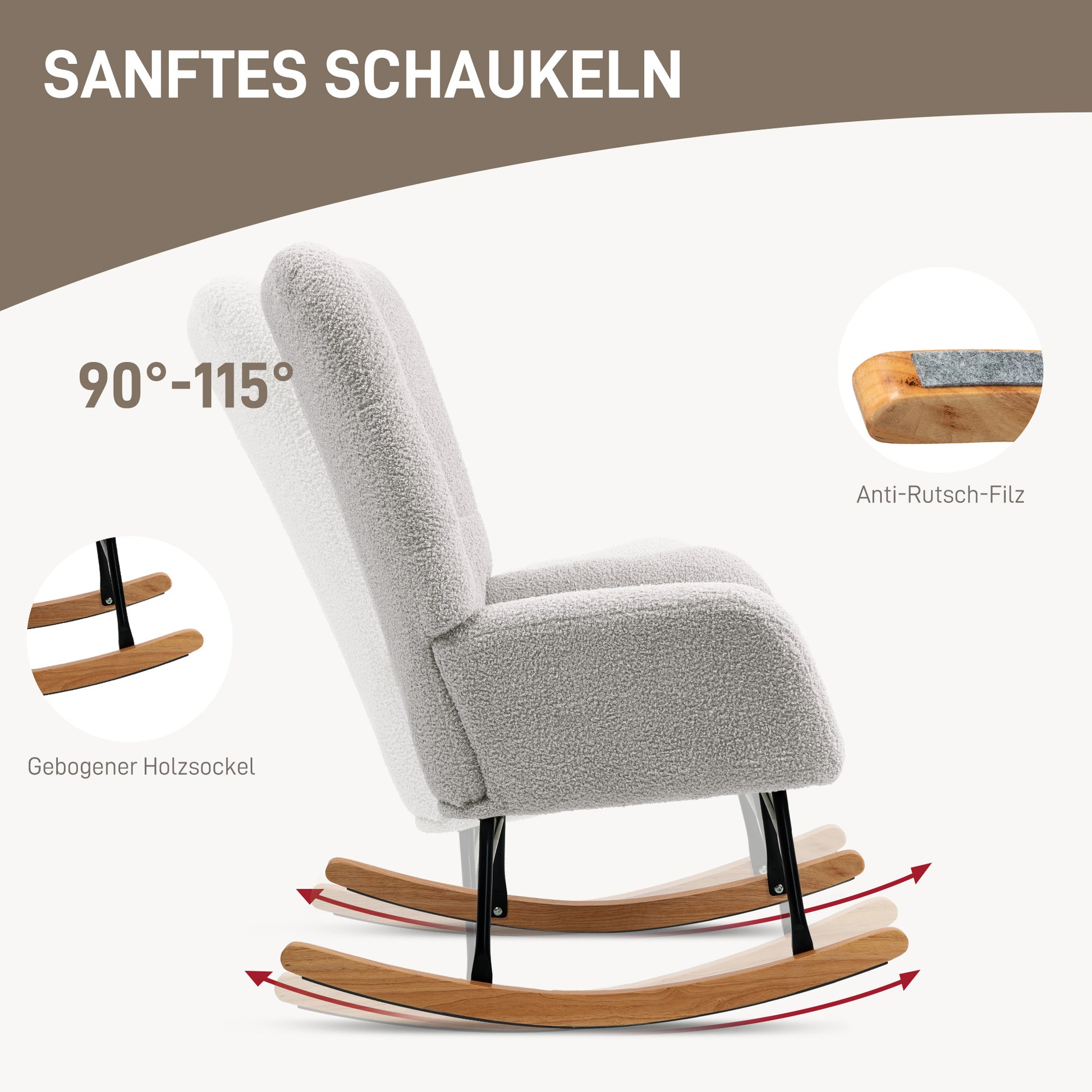 Rocking Chair, Rocking Armchair with Armrest, Teddy Velvet Look, Relax Armchair with Wooden Runners, Rocking Chair Nursing Chair for Bedroom, Living Room, Light Gray