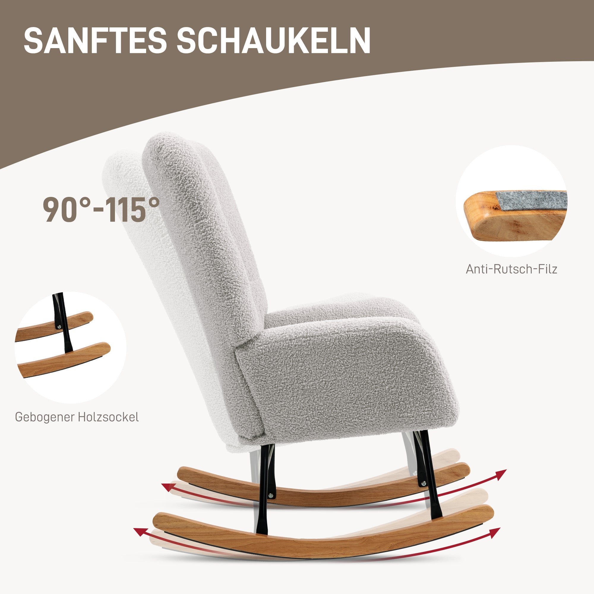 Rocking Chair, Rocking Armchair with Armrest, Teddy Velvet Look, Relax Armchair with Wooden Runners, Rocking Chair Nursing Chair for Bedroom, Living Room, Light Gray