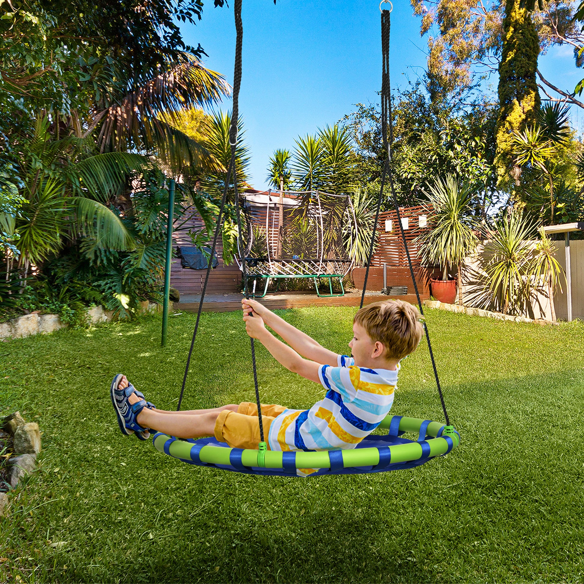 Children's Adjustable Height Nest Swing Round Tree Swing for Kids 3-8 Years Load 150 kg Outdoor Ø100x120-180 cm Blue