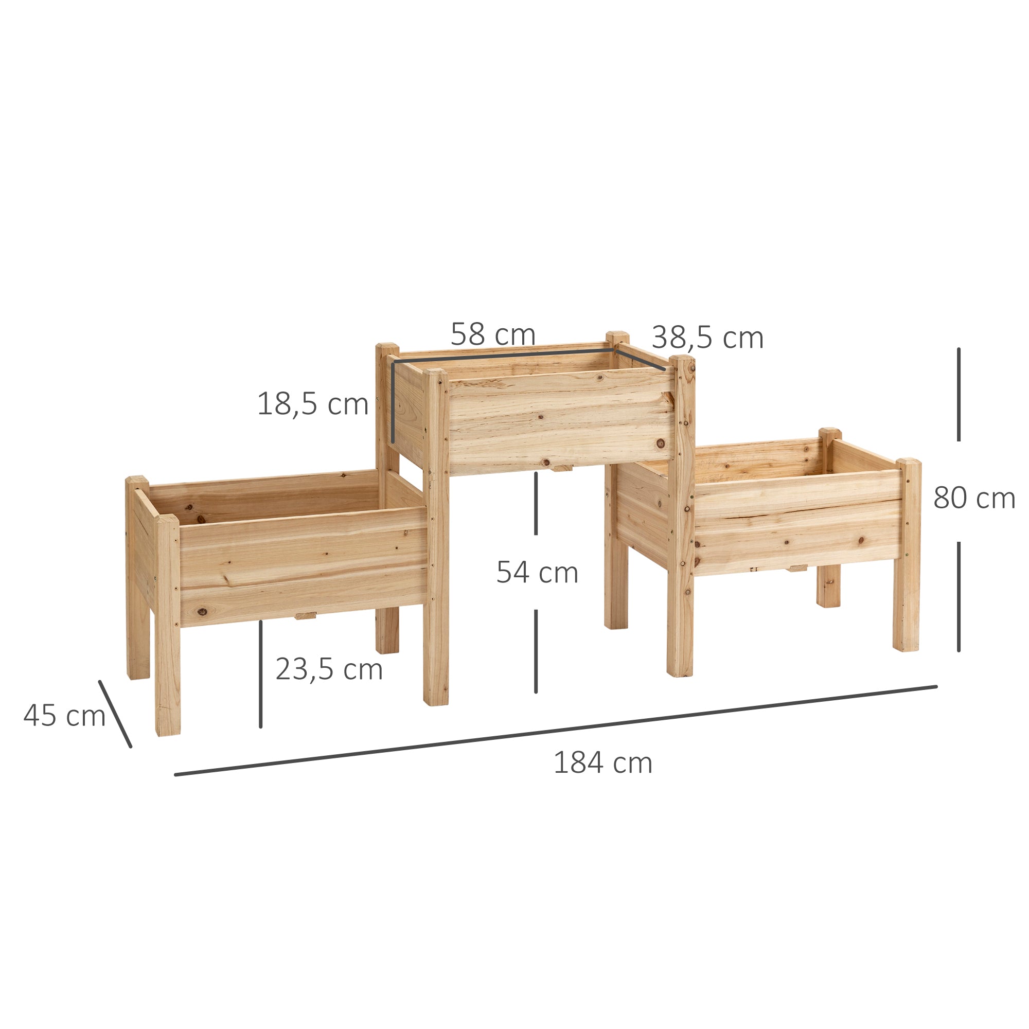 Triple-Tiered Raised Garden Bed with 3 Double-Level Containers 184L x 45W x 80H cm Pre-Oiled Fir Wood Inserts for Irrigation