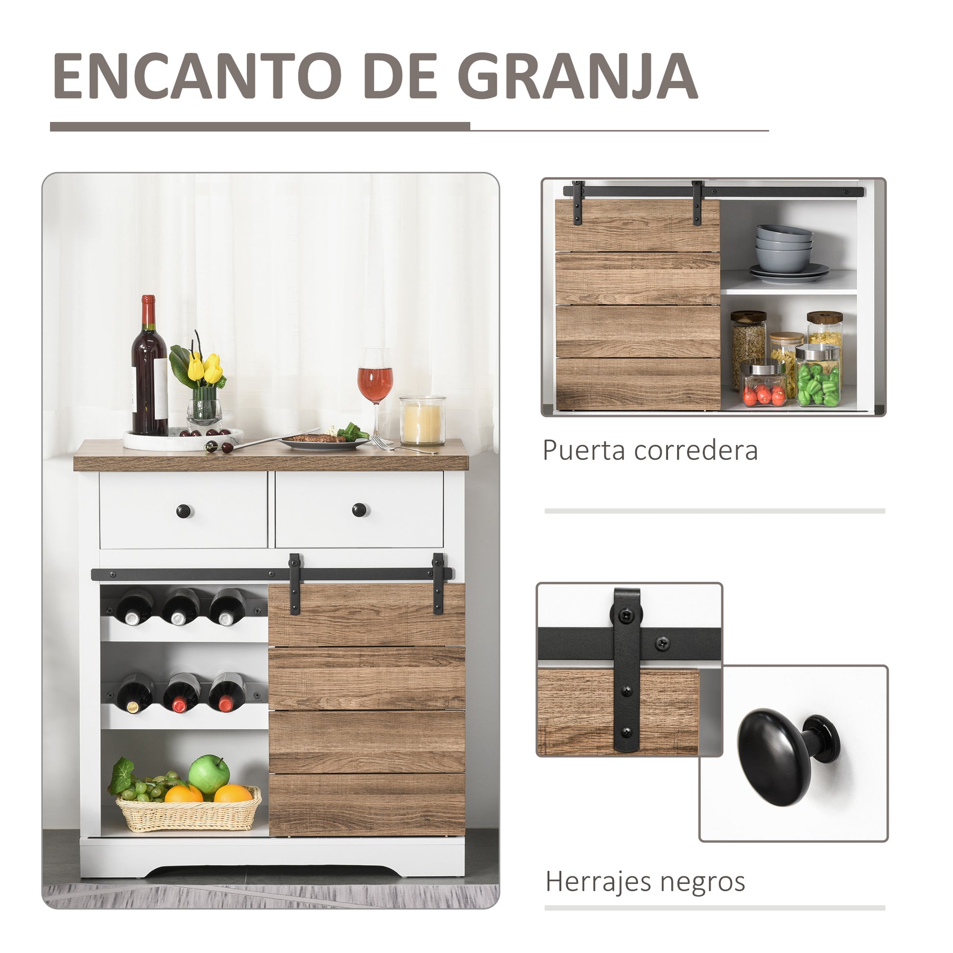 Kitchen Storage Cabinet Wine Rack Buffet Sideboard with Sliding Barn Door and 2 Drawers Rustic Style for Living Room Dining Room 80x39x86 cm White and Natural