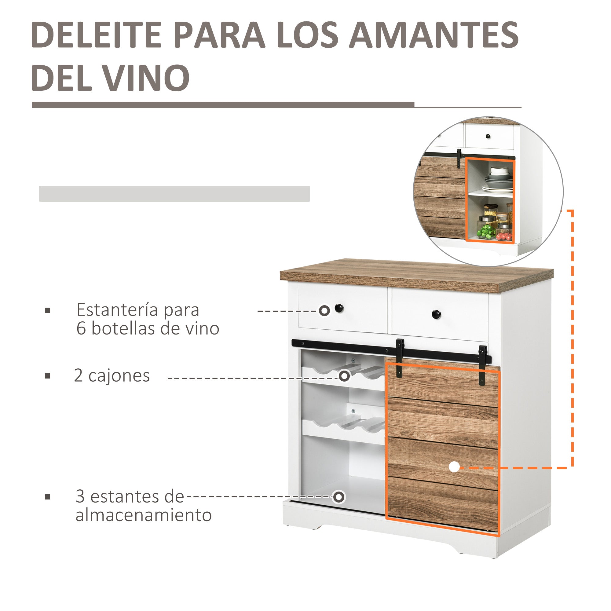 Kitchen Storage Cabinet Wine Rack Buffet Sideboard with Sliding Barn Door and 2 Drawers Rustic Style for Living Room Dining Room 80x39x86 cm White and Natural