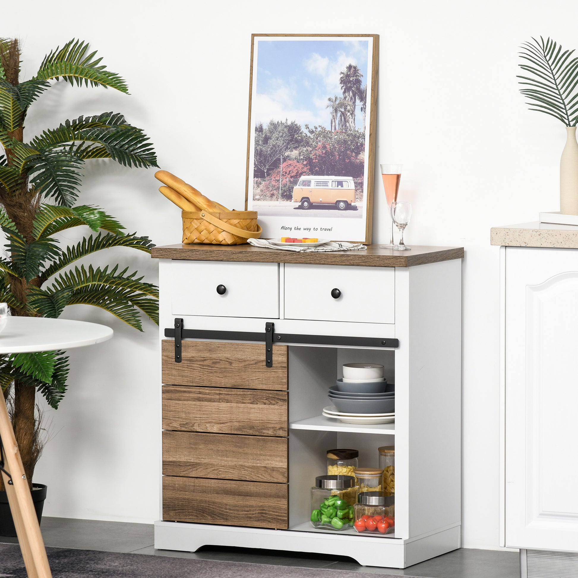 Kitchen Storage Cabinet Wine Rack Buffet Sideboard with Sliding Barn Door and 2 Drawers Rustic Style for Living Room Dining Room 80x39x86 cm White and Natural