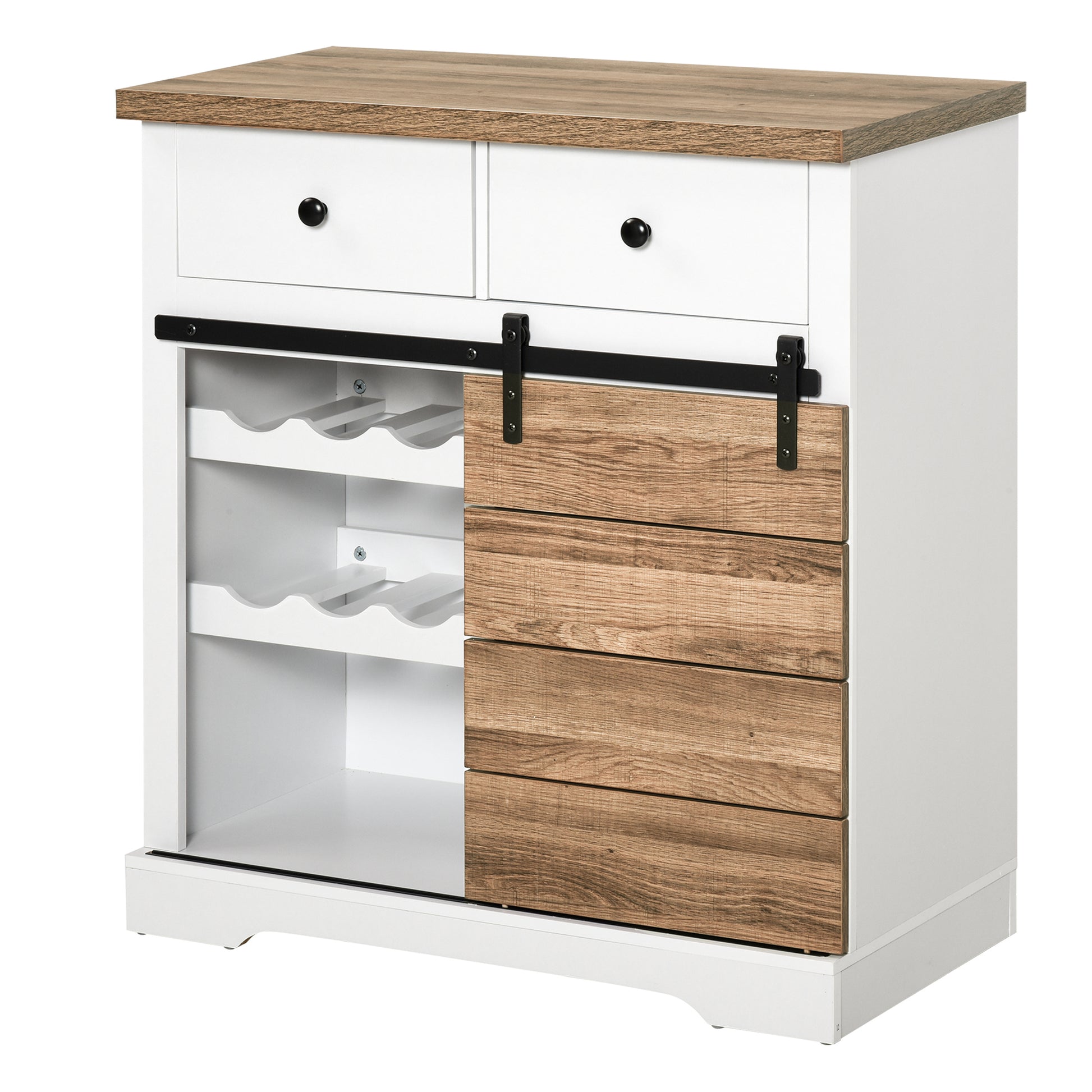 Kitchen Storage Cabinet Wine Rack Buffet Sideboard with Sliding Barn Door and 2 Drawers Rustic Style for Living Room Dining Room 80x39x86 cm White and Natural