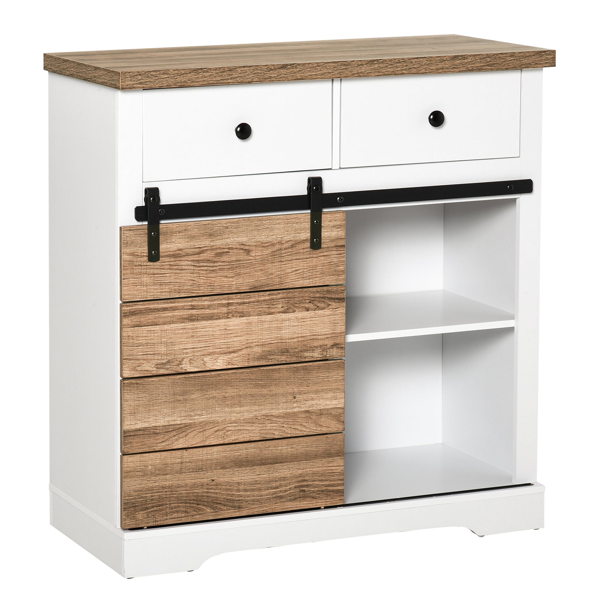 Kitchen Storage Cabinet Wine Rack Buffet Sideboard with Sliding Barn Door and 2 Drawers Rustic Style for Living Room Dining Room 80x39x86 cm White and Natural