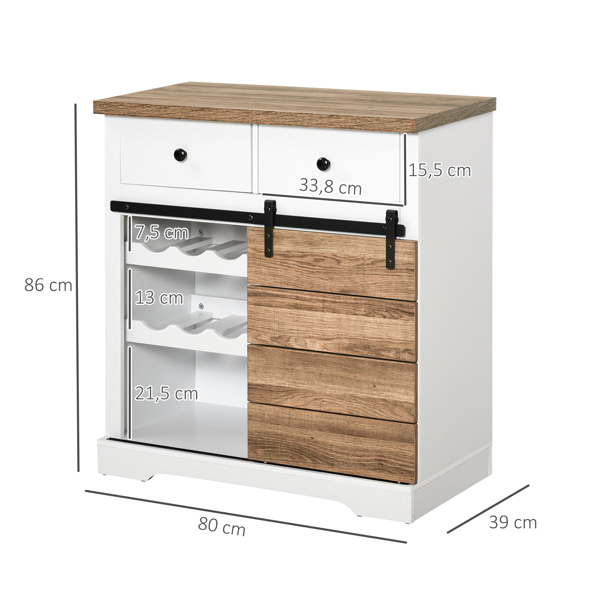 Kitchen Storage Cabinet Wine Rack Buffet Sideboard with Sliding Barn Door and 2 Drawers Rustic Style for Living Room Dining Room 80x39x86 cm White and Natural
