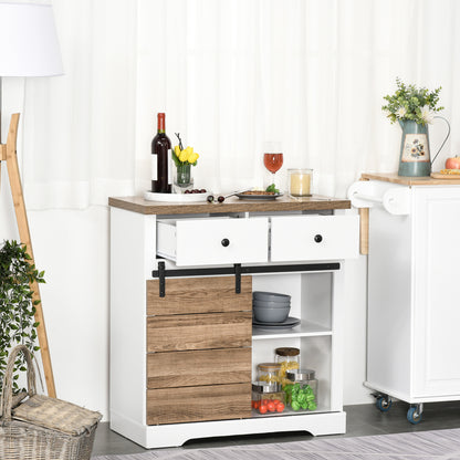 Kitchen Storage Cabinet Wine Rack Buffet Sideboard with Sliding Barn Door and 2 Drawers Rustic Style for Living Room Dining Room 80x39x86 cm White and Natural