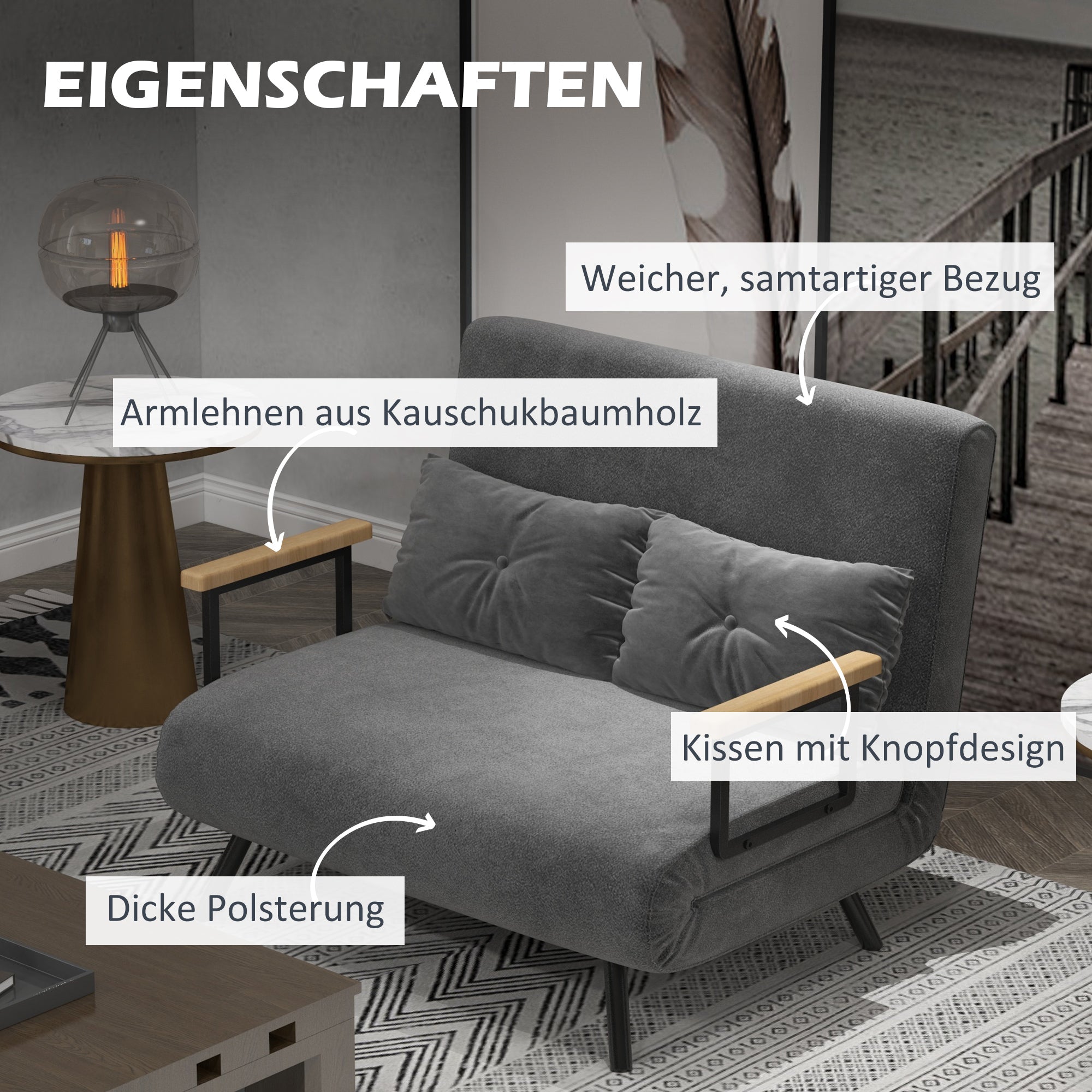 Sleeper Sofa, Fold-Out Bed with Bed Function, Recliner Chair with Back Cushion, Upholstered Sofa with Adjustable Backrest, Velvet Look, 102W x 73D x 81H cm, Dark Gray