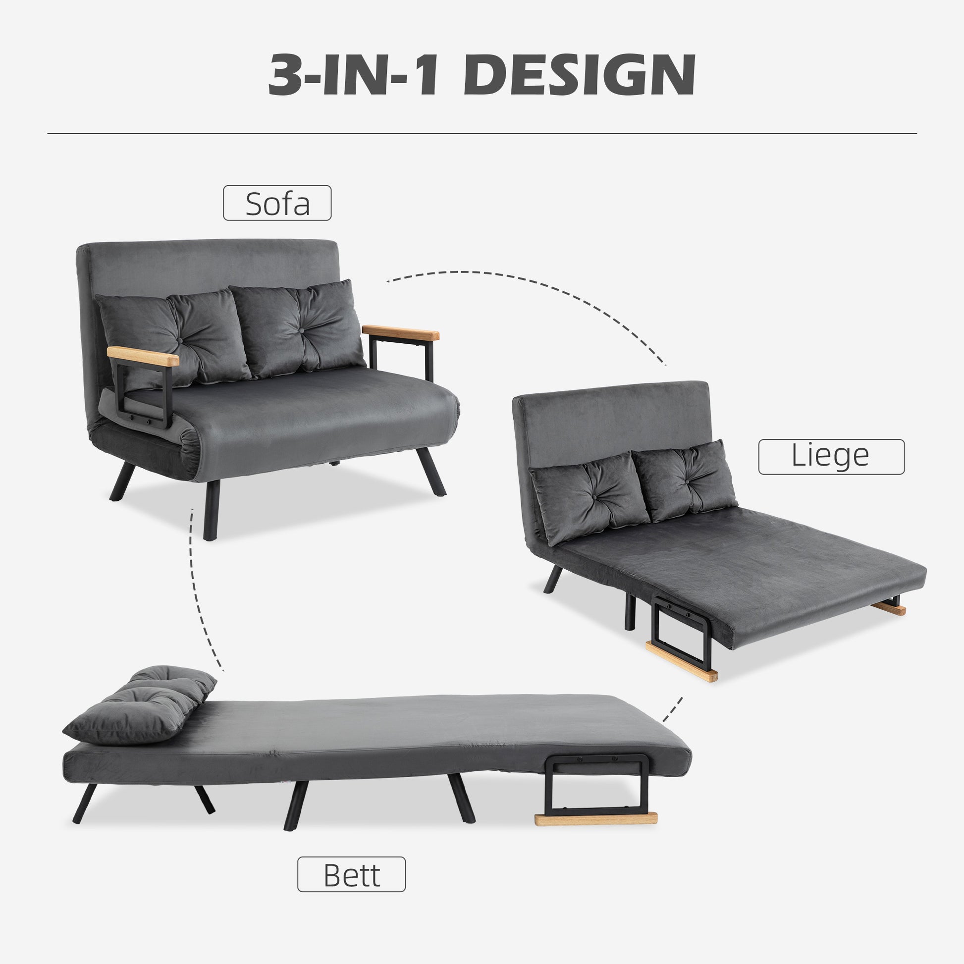 Sleeper Sofa, Fold-Out Bed with Bed Function, Recliner Chair with Back Cushion, Upholstered Sofa with Adjustable Backrest, Velvet Look, 102W x 73D x 81H cm, Dark Gray