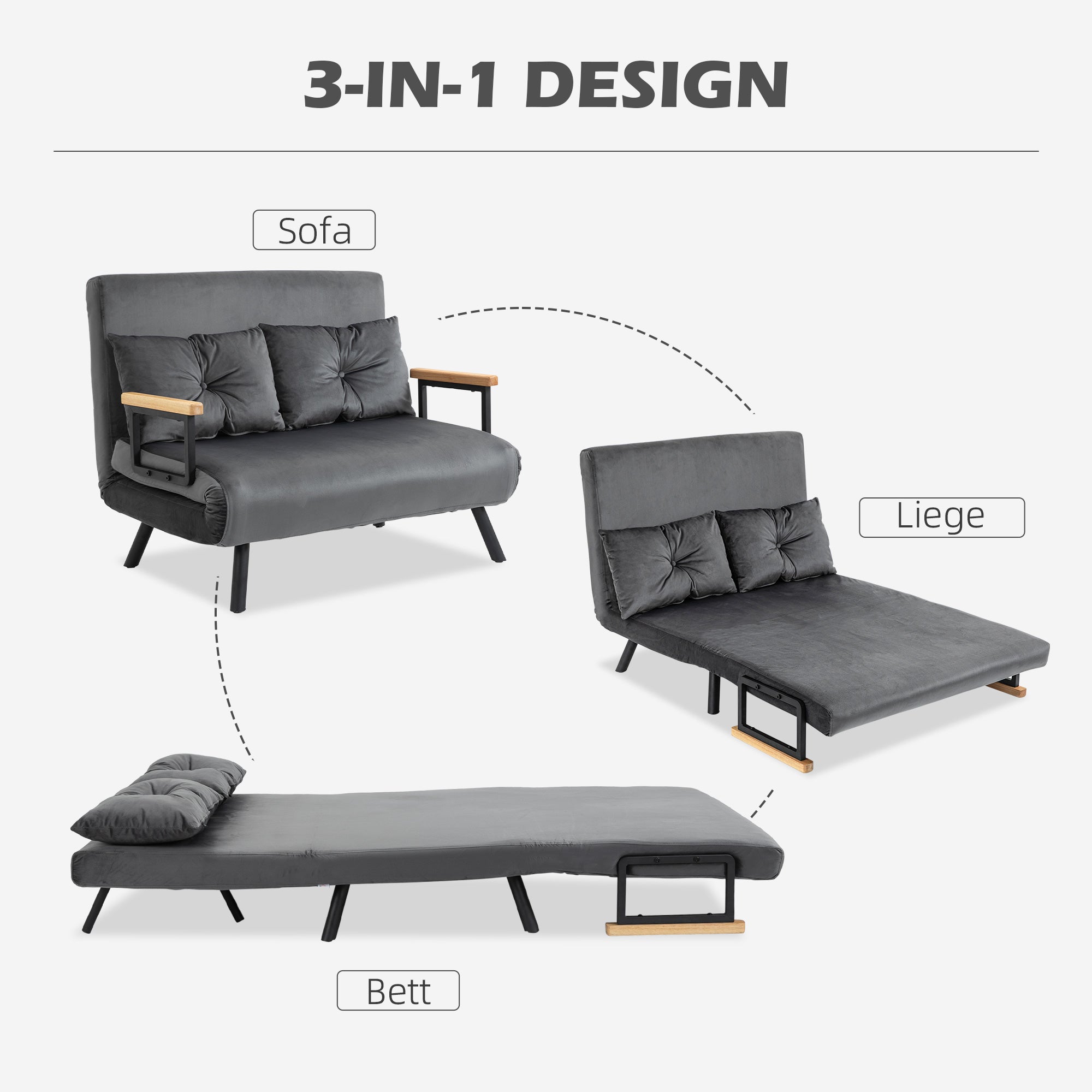 Sleeper Sofa, Fold-Out Bed with Bed Function, Recliner Chair with Back Cushion, Upholstered Sofa with Adjustable Backrest, Velvet Look, 102W x 73D x 81H cm, Dark Gray
