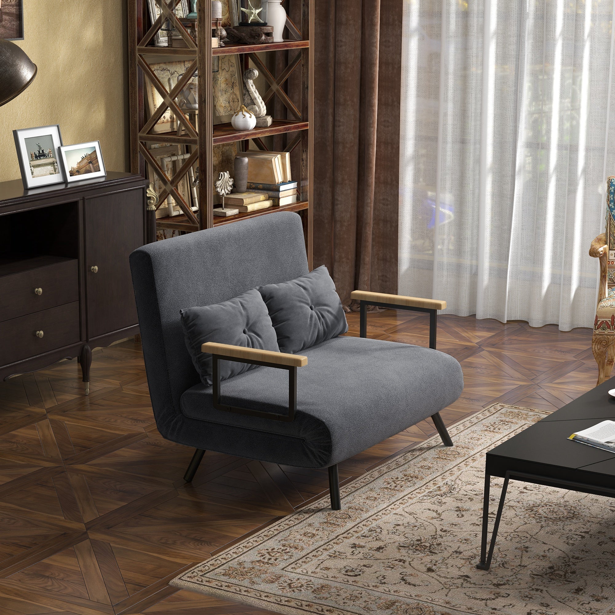 Sleeper Sofa, Fold-Out Bed with Bed Function, Recliner Chair with Back Cushion, Upholstered Sofa with Adjustable Backrest, Velvet Look, 102W x 73D x 81H cm, Dark Gray