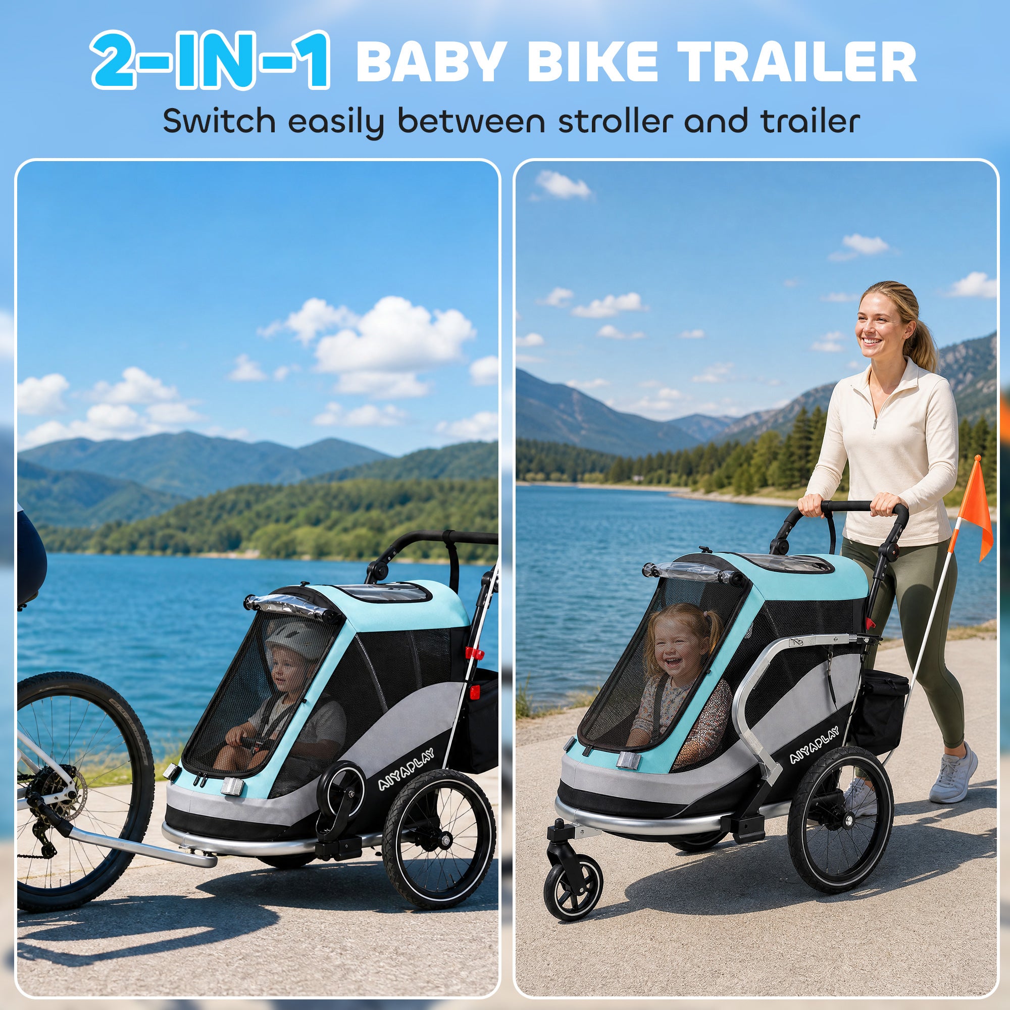 2-in-1 Foldable Bike Trailer & Stroller — Child Bicycle Trailer with 5-Point Harness, Reflectors, 16" Air Tires, Brake, Storage — For Children 12+ Months (Max 39.7 lbs trailer)