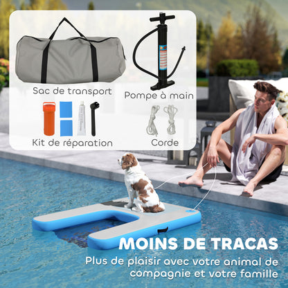 Inflatable Dog Raft Ramp, floating water sports platform with non-slip surface, floating ladder for pool, lake, boat, blue and gray