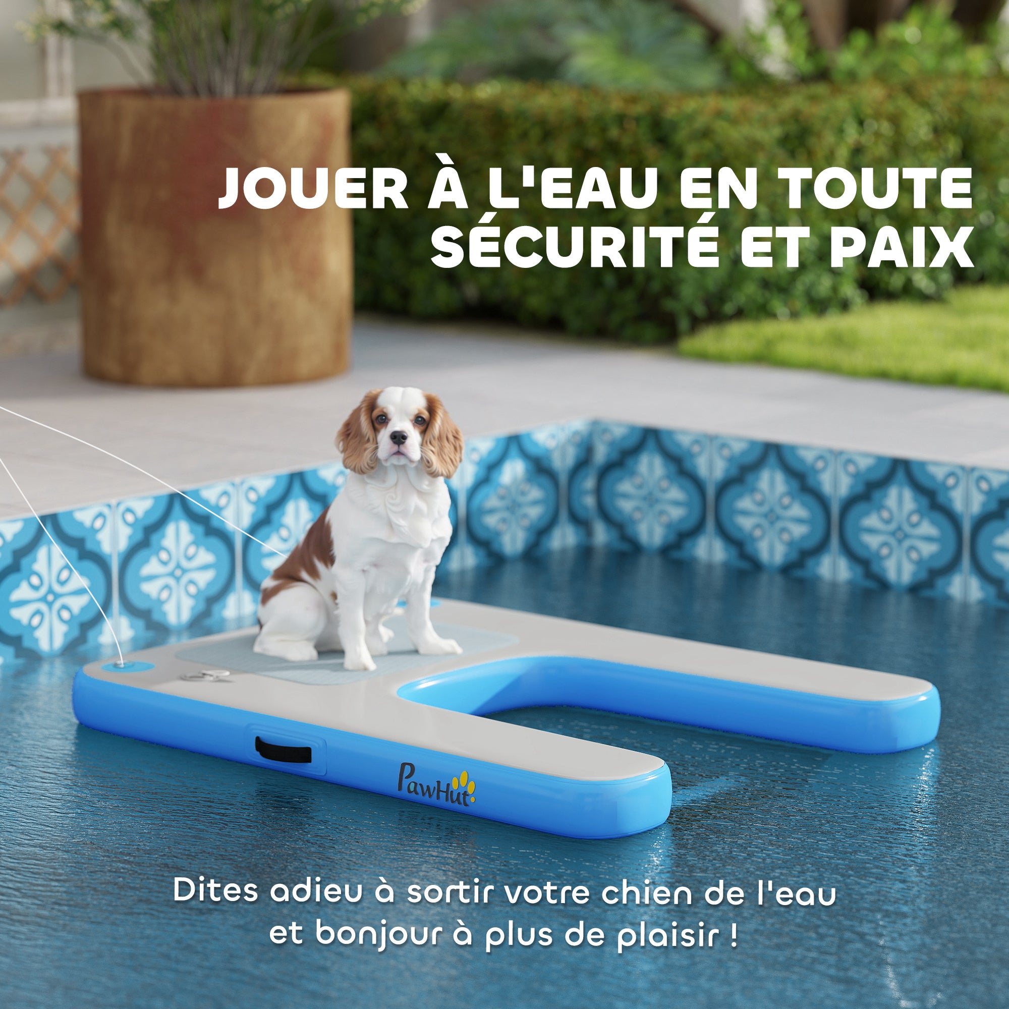 Inflatable Dog Raft Ramp, floating water sports platform with non-slip surface, floating ladder for pool, lake, boat, blue and gray