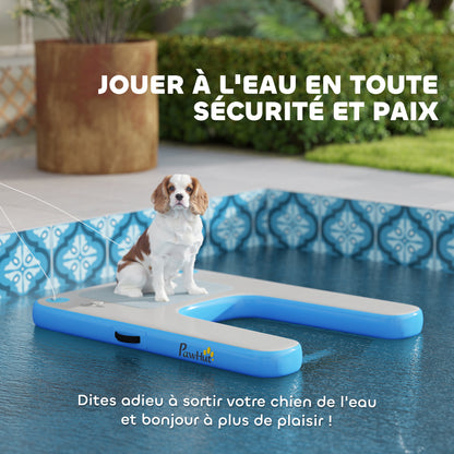 Inflatable Dog Raft Ramp, floating water sports platform with non-slip surface, floating ladder for pool, lake, boat, blue and gray