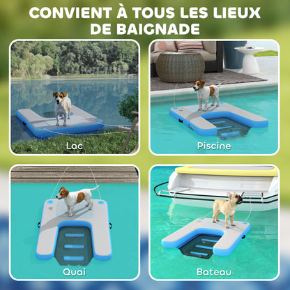 Inflatable Dog Raft Ramp, floating water sports platform with non-slip surface, floating ladder for pool, lake, boat, blue and gray