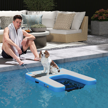 Inflatable Dog Raft Ramp, floating water sports platform with non-slip surface, floating ladder for pool, lake, boat, blue and gray
