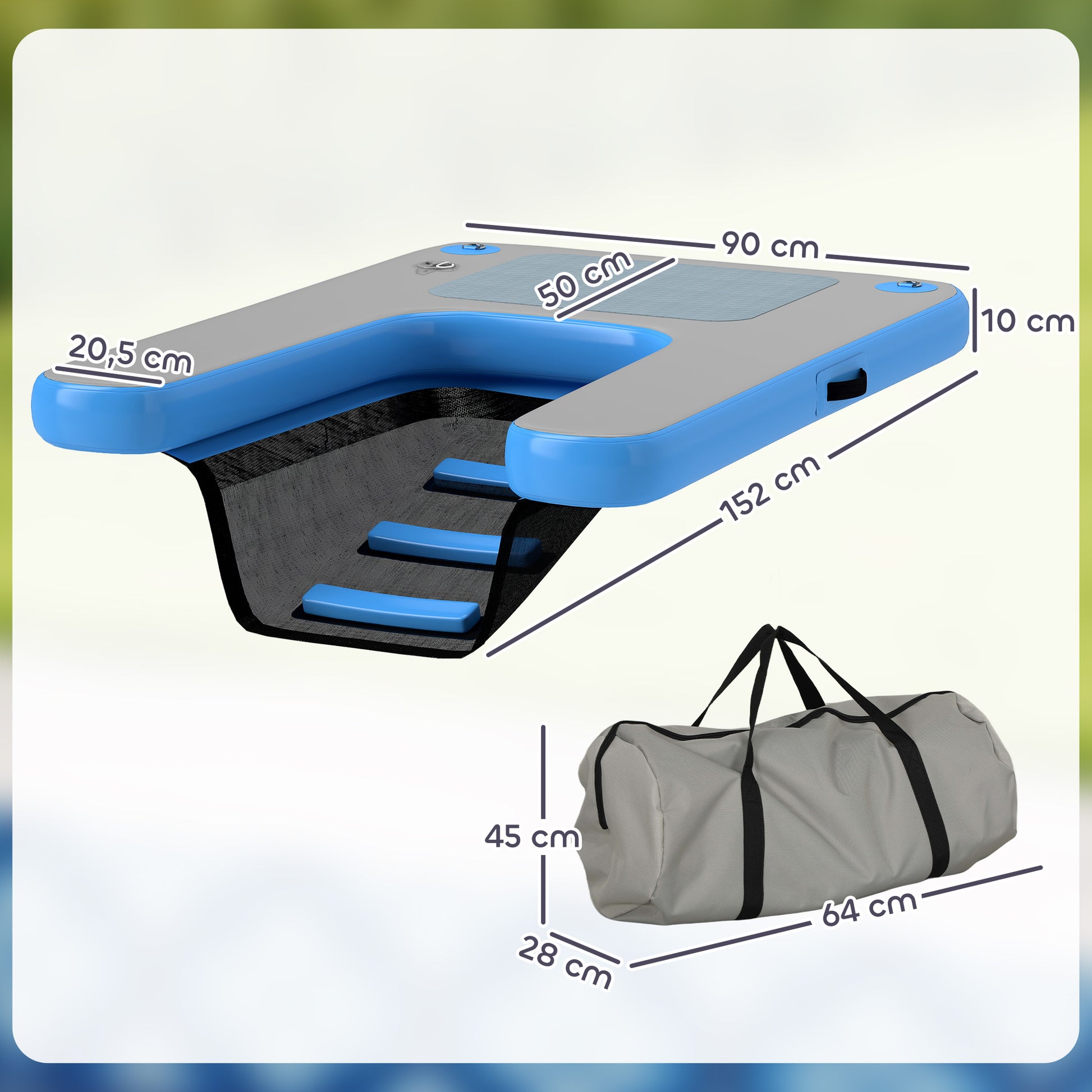Inflatable Dog Raft Ramp, floating water sports platform with non-slip surface, floating ladder for pool, lake, boat, blue and gray