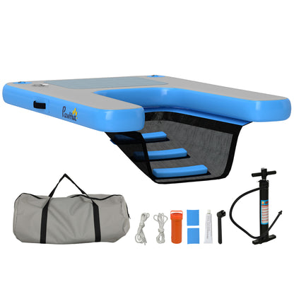 Inflatable Dog Raft Ramp, floating water sports platform with non-slip surface, floating ladder for pool, lake, boat, blue and gray