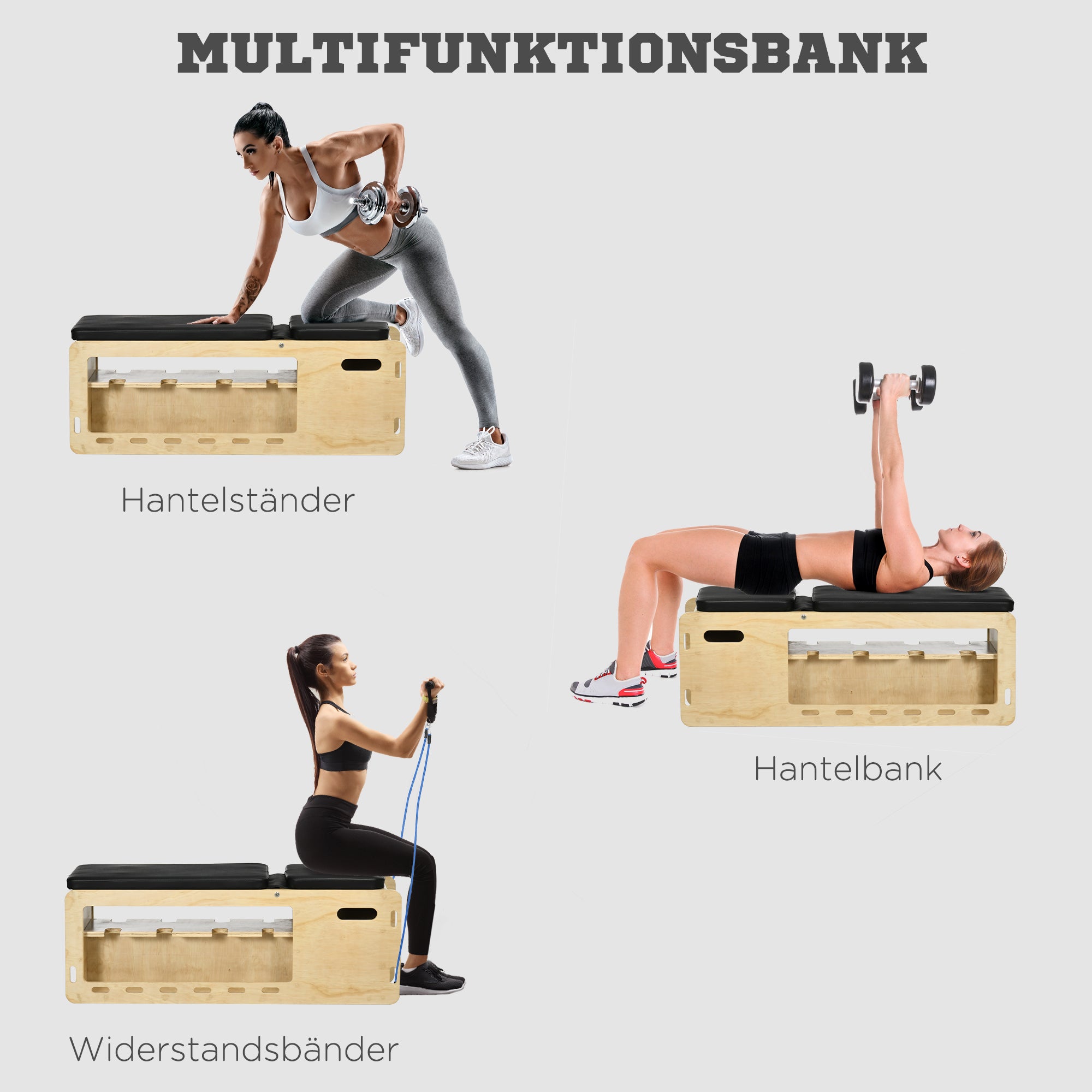 Weight Bench, Training Bench with Storage Box and Resistance Bands, Adjustable Fitness Bench for Weightlifting, Strength Training, Solid Wood