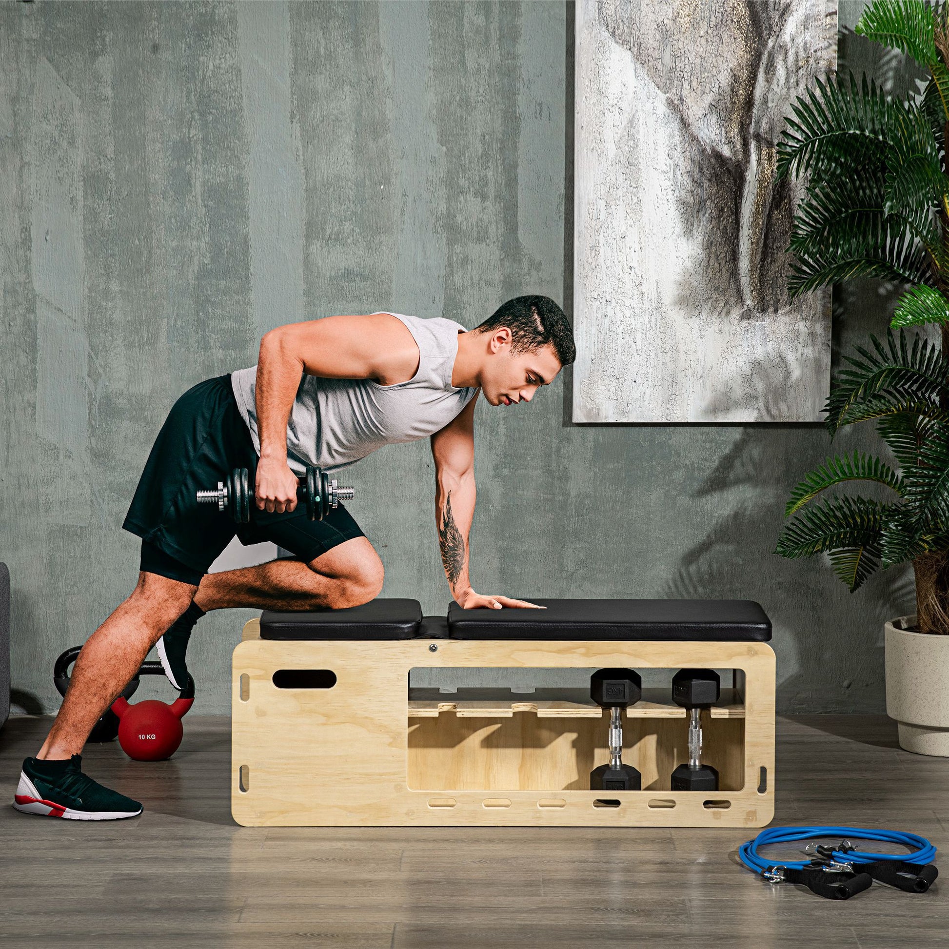 Weight Bench, Training Bench with Storage Box and Resistance Bands, Adjustable Fitness Bench for Weightlifting, Strength Training, Solid Wood