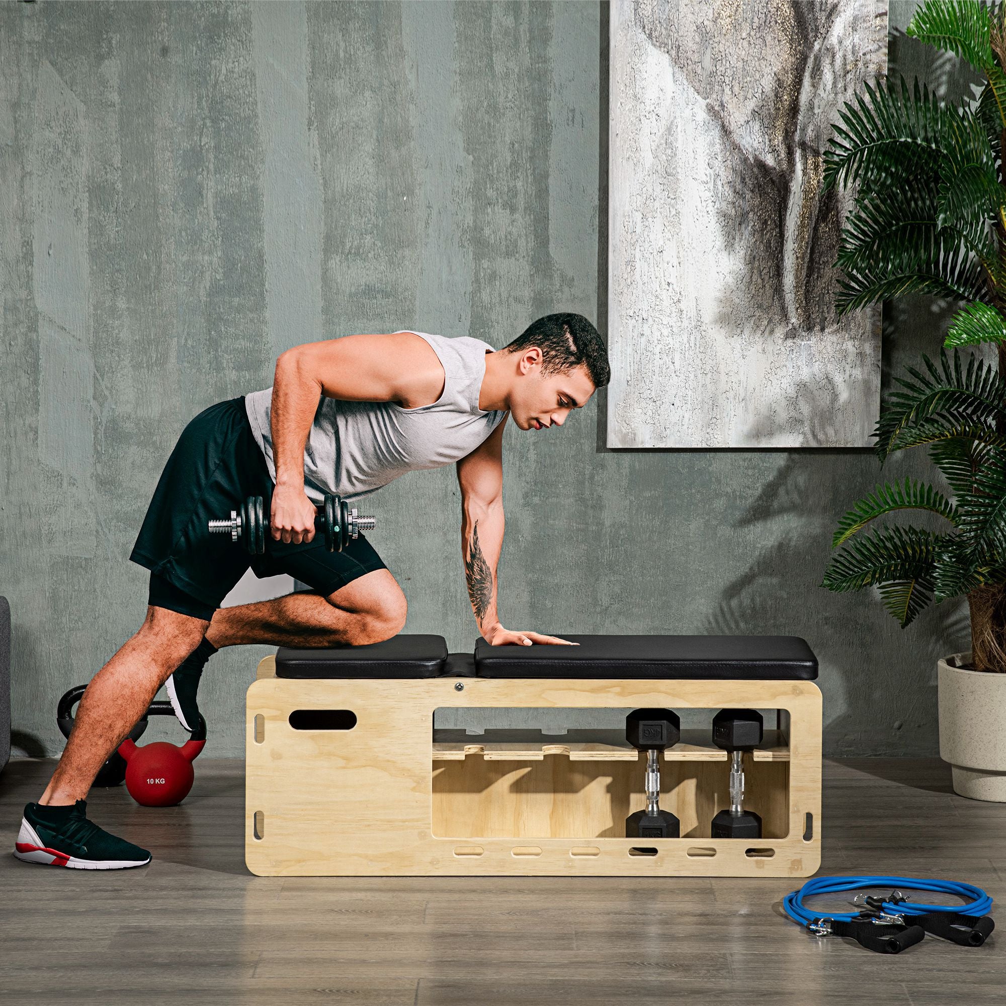 Weight Bench, Training Bench with Storage Box and Resistance Bands, Adjustable Fitness Bench for Weightlifting, Strength Training, Solid Wood