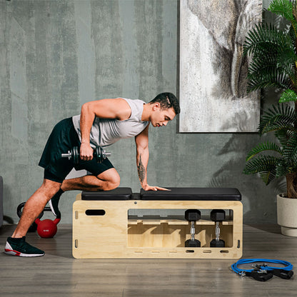 Weight Bench, Training Bench with Storage Box and Resistance Bands, Adjustable Fitness Bench for Weightlifting, Strength Training, Solid Wood