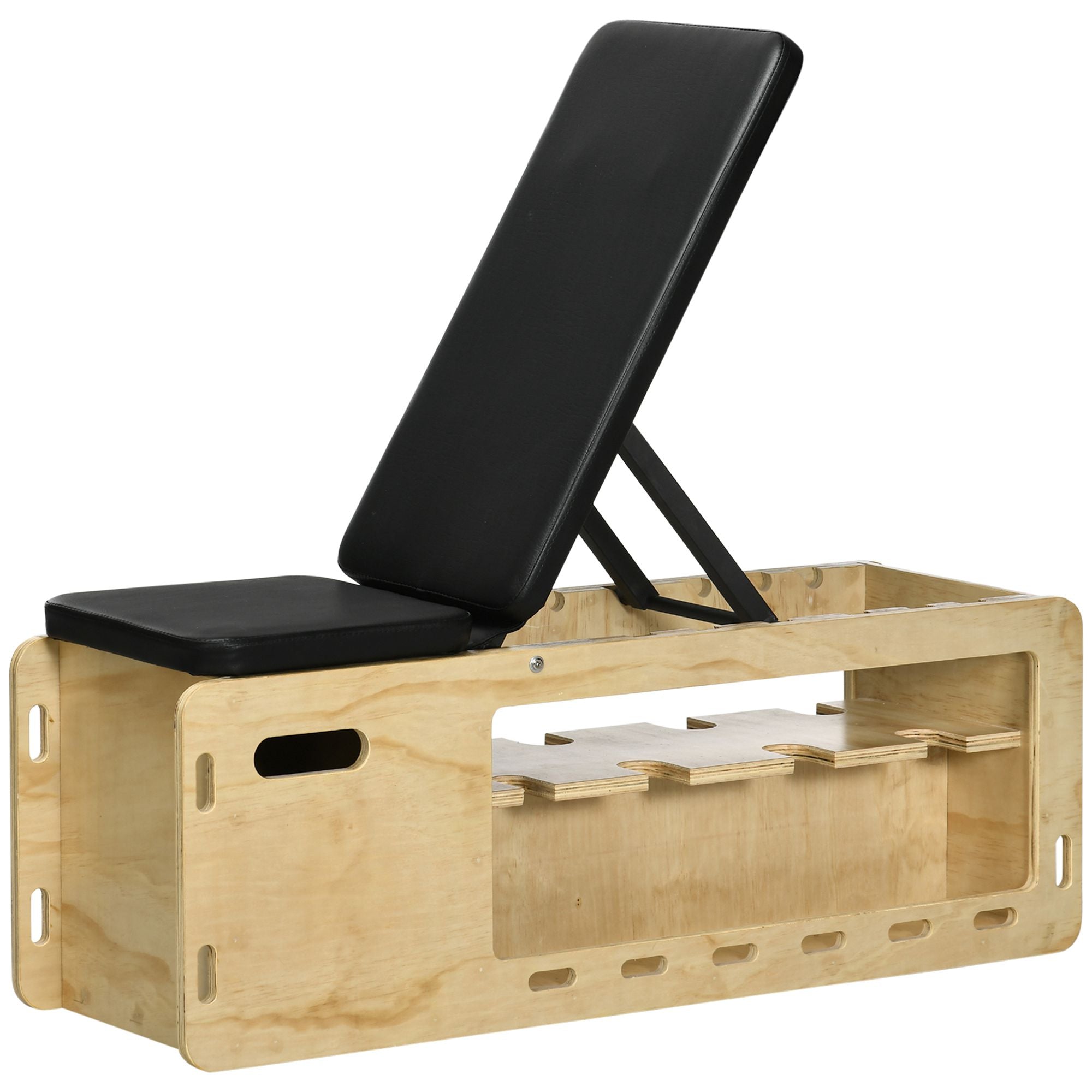 Weight Bench, Training Bench with Storage Box and Resistance Bands, Adjustable Fitness Bench for Weightlifting, Strength Training, Solid Wood