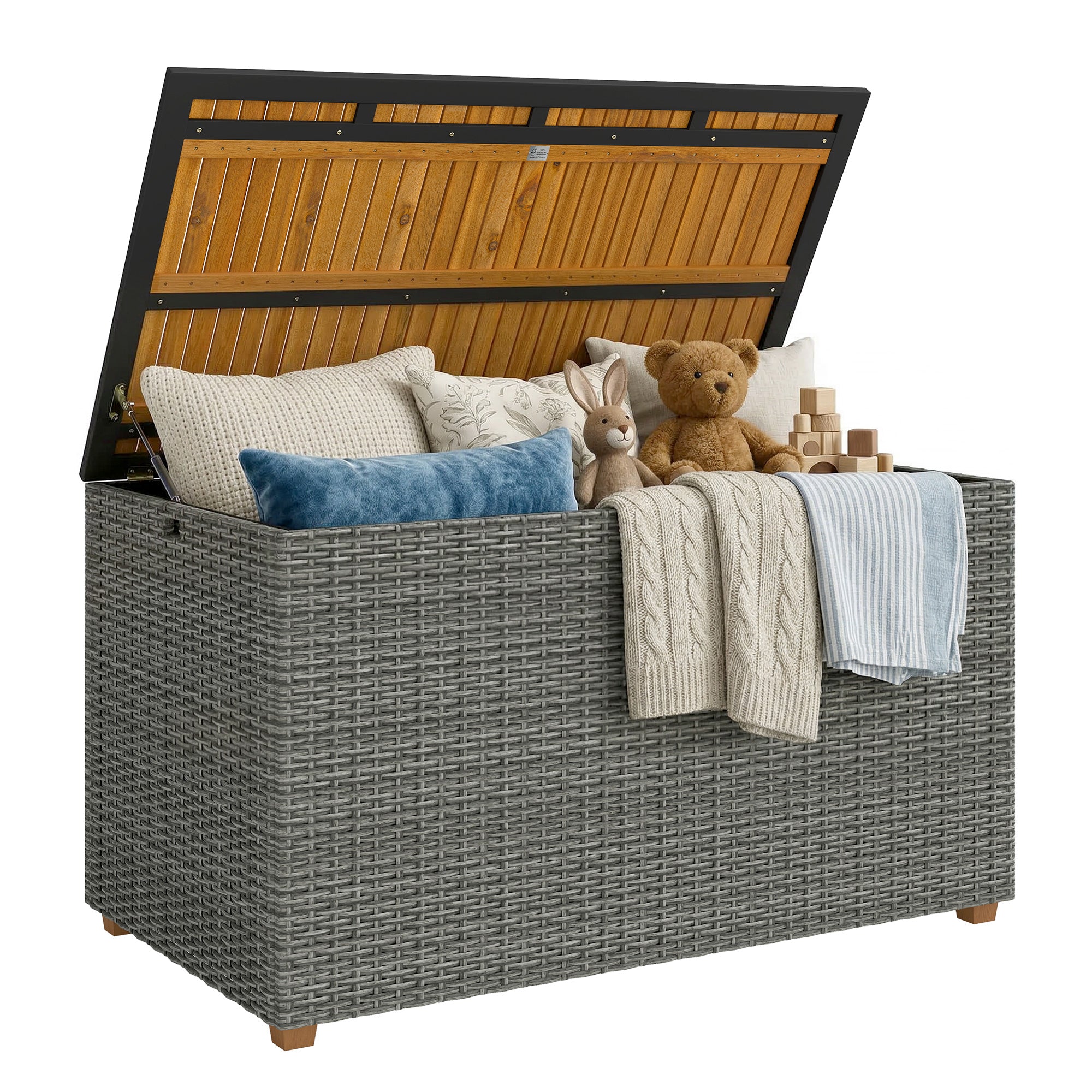 2-in-1 Outdoor Rattan Storage Box 450 L — Waterproof Cushion Box with FSC Acacia Wood Lid, Gas Strut, Lined Interior, UV & Weather Resistant, Dark Gray
