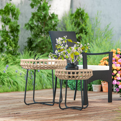 2-piece Side Table Set Polyrattan Ø60/41 cm round weatherproof Garden Table with X-Legs Adjustable Foot Pads Outdoor Balcony Table Coffee Table Garden Furniture for Garden, Balcony Brown