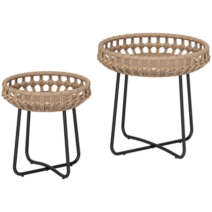 2-piece Side Table Set Polyrattan Ø60/41 cm round weatherproof Garden Table with X-Legs Adjustable Foot Pads Outdoor Balcony Table Coffee Table Garden Furniture for Garden, Balcony Brown