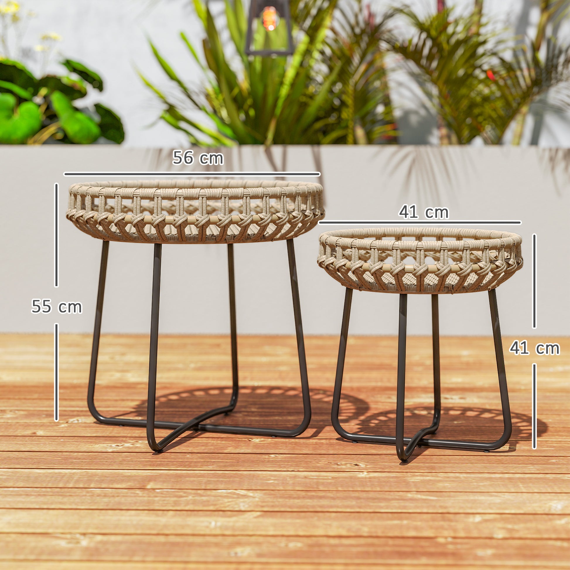 2-piece Side Table Set Polyrattan Ø60/41 cm round weatherproof Garden Table with X-Legs Adjustable Foot Pads Outdoor Balcony Table Coffee Table Garden Furniture for Garden, Balcony Brown
