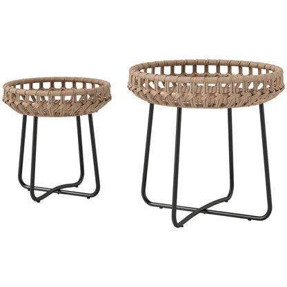 2-piece Side Table Set Polyrattan Ø60/41 cm round weatherproof Garden Table with X-Legs Adjustable Foot Pads Outdoor Balcony Table Coffee Table Garden Furniture for Garden, Balcony Brown