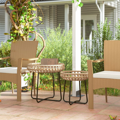 2-piece Side Table Set Polyrattan Ø60/41 cm round weatherproof Garden Table with X-Legs Adjustable Foot Pads Outdoor Balcony Table Coffee Table Garden Furniture for Garden, Balcony Brown