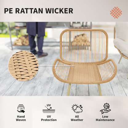 4-Piece Polyrattan Garden Furniture Set – Two-Seater Sofa, 2 Armless Chairs & Oval Table, Deep Seats with Thick Cushions, Plastic Tabletop, Balcony/Patio Seating for 4 — Beige