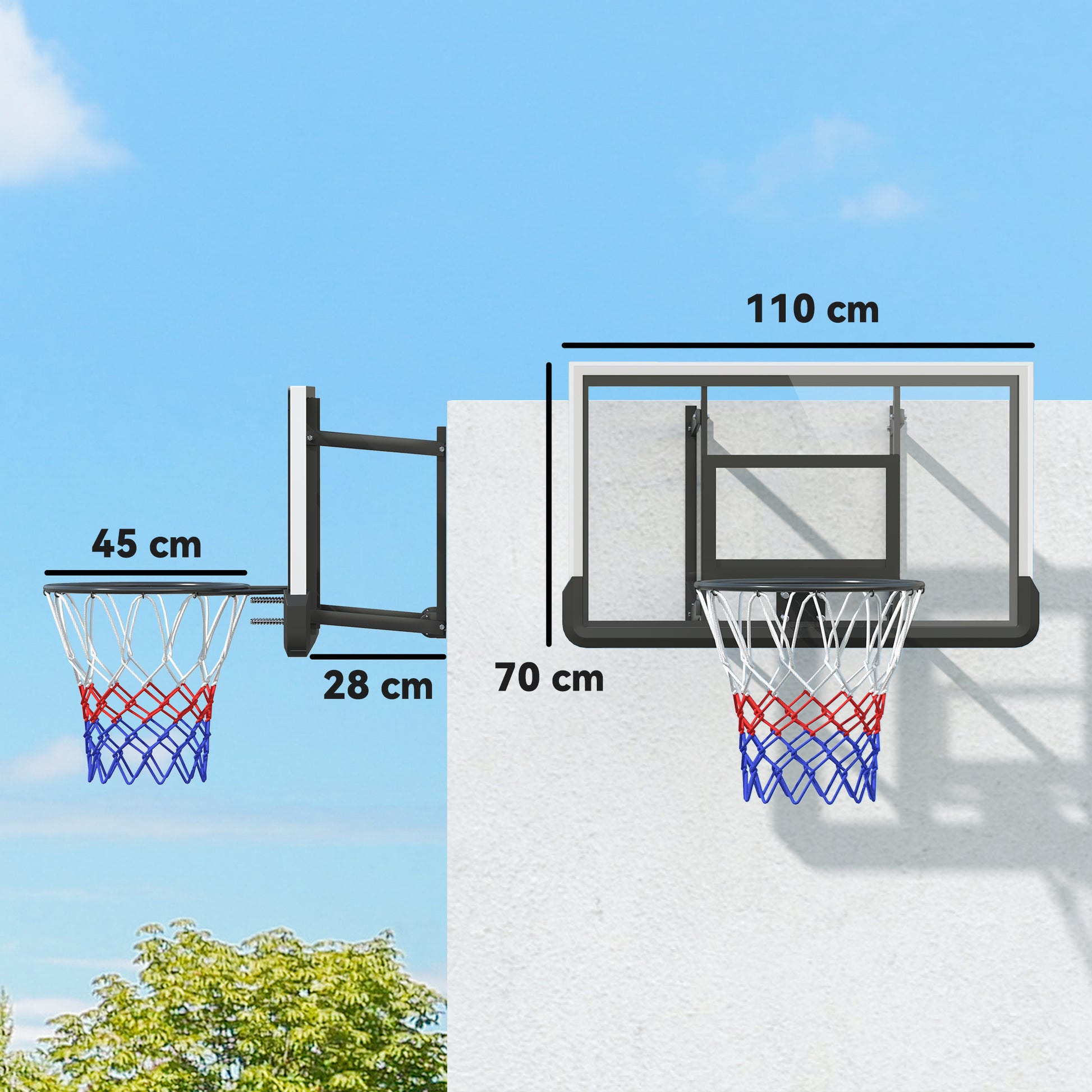 SPORTNOW Basketball Hoop with Backboard, Indoor & Outdoor, Basketball Board with Ø45 cm Steel Hoop and Net, Wall Mounted, Basketball Board for Kids Teenagers Adults, Black