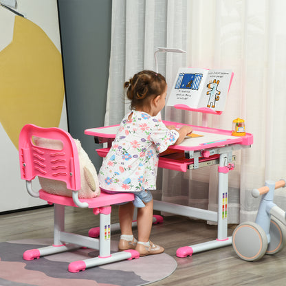 Kids Desk and Chair Set for +6 Years Height Adjustable Children Desk with Tilting Desk Lamp Drawer and Bookshelf Pink
