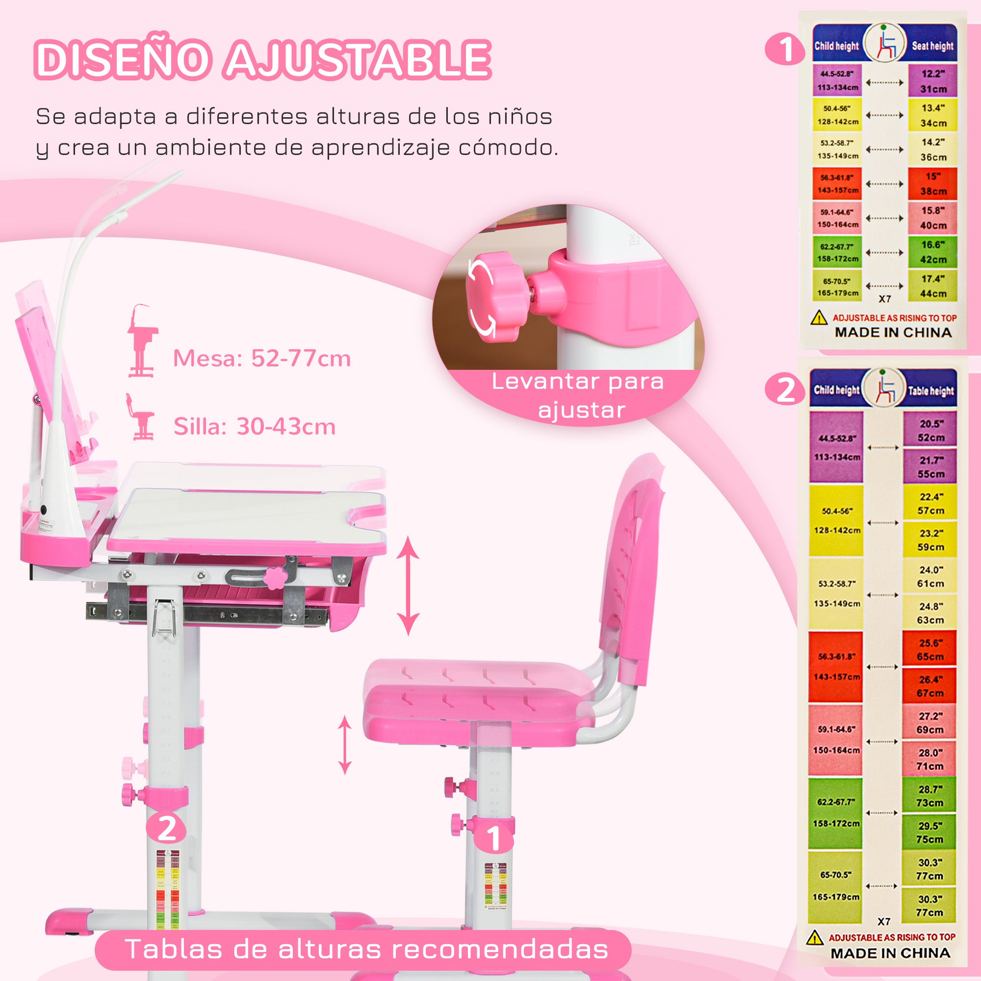 Kids Desk and Chair Set for +6 Years Height Adjustable Children Desk with Tilting Desk Lamp Drawer and Bookshelf Pink