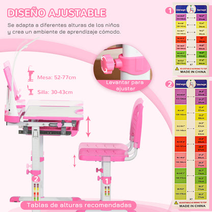 Kids Desk and Chair Set for +6 Years Height Adjustable Children Desk with Tilting Desk Lamp Drawer and Bookshelf Pink